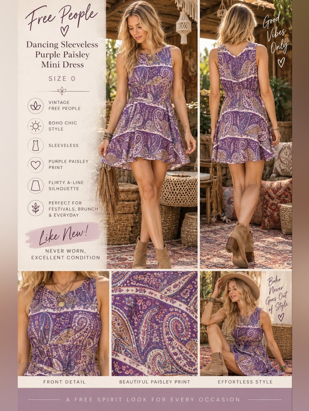 Free People Dancing Sleeveless Purple Paisley Mini Dress Size 0